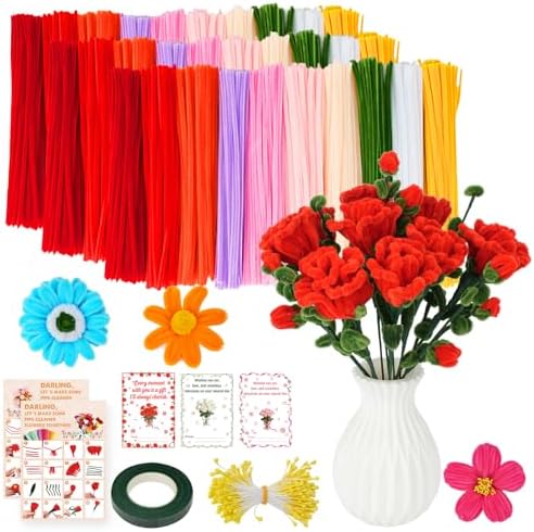 1000PCS Pipe Cleaners Flower Kit, Pipe Cleaner Bulk Craft Flower Making Kit with Instruction, 8 Colors Thick Chenille Stems for Arts DIY Craft Supplies with Greeting Card, Floral Wires, Tape, Stamen