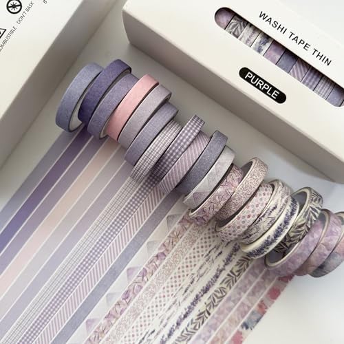 Vintage Washi Tape Set 20 Rolls Skinny Retro Decorative Antique Patterns Masking Tapes for Arts, DIY Crafts, Journals, Planners, Scrapbook, Wrapping (Purple)