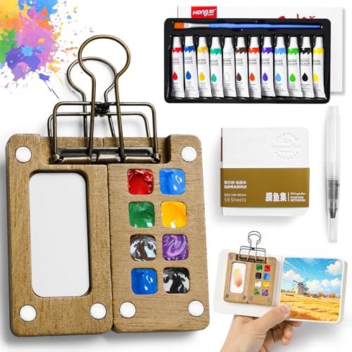 Mini Watercolor Paint set, Portable Watercolor Paint Travel Set, 12 Color Pocket Artist Watercolor Travel Kit with Picture Book, 8 Grids Portable Wooden Paint Palette for Painters, Artists, and Students