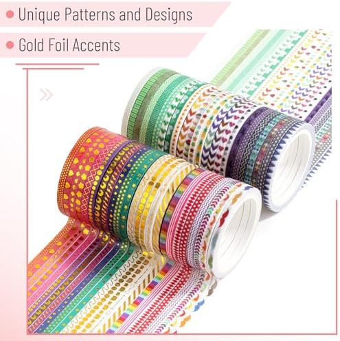 Mr. Pen- Skinny Washi Tape Set, 48 Rolls, Gold Foil Print, 3mm Wide | 5.5 Yards/Roll, Washi Tape for Scrapbook, Arts, Crafts, Journals and Planners