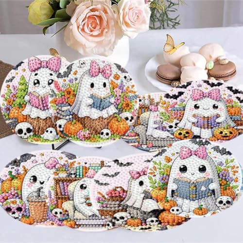 8 Pack Diamond Art Coasters,Halloween Ghost Diamond Painting Coasters Kits