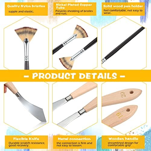 CHENGU 5 Piece Paint Knives Palette Knife Set with Fan Brush for Oil Canvas | Stainless Steel Blades, 2 in and 1 in Knives, Background Blender, Mixing Spatula, Painting Starter Kit