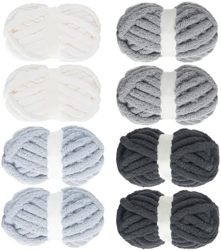 MABOZOO Assorted Chunky Yarn for Hand Knitting 8 Pack, Fluffy Jumbo Chenille Yarn, Soft Plush Yarn Bulky, Giant Thick Fuzzy Yarn for Arm Knitting,Cream & Multi Grey(31.7 yds,8 oz Each Skein)