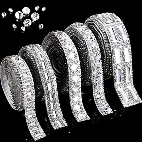 Xinnun 5 Rolls Rhinestone Ribbon,Silver,0.59 Inch,Mixed Style