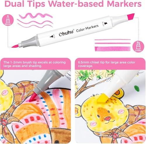 Ohuhu Adult Coloring Books Markers 60 Colors Water-based Dual Tips No Bleed