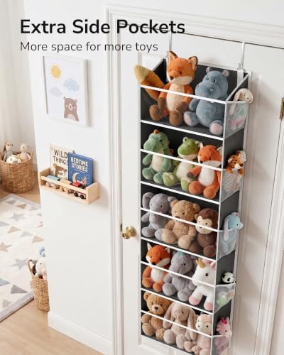 ULG Stuffed Animal Organizer Over the Door, Large Hanging Plush Toy Storage with Mesh Window, Cotton Kids Toy Organizer for Bedroom, Nursery, Playroom & Baby Items Dark Grey
