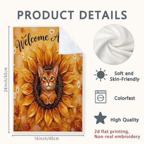 Oil Painting Fall Abyssinian Cat Kitchen Hand Dish Towels Set of 2, Autumn Sunflower Maple Leaf Pattern Quick Dry Dishcloths, Cool Housewarming Gift for Home Cooking Kitchen Bathroom