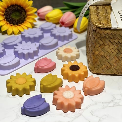 Flower Ice Cube Molds Silicone 2Pcs Sun Flower Chocolate Candy Molds for Baking Tulip Shape Jello Molds Pudding Molds for Desserts Soap Making (Pack of 2)
