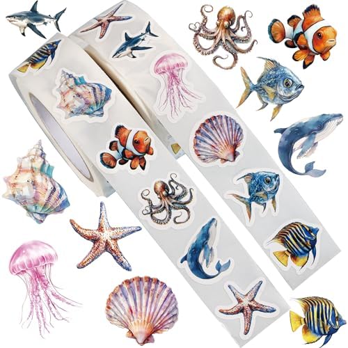 1000PCS Ocean Animal Sticker Roll, 2 Rolls 10 Designs Sea Life Stickers