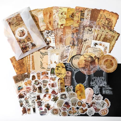 200PCS Vintage Scrapbook Paper Journaling Scrapbooking Supplies Kit Retro Decorative Craft Paper Assorted for Bullet Junk Journals Card Making Craft DIY, Coffee Diary