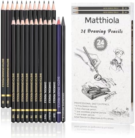 Sketching Pencil Set - 24 Pieces Drawing Sketch Pencil HB,B,2B,3B,4B,5B,6B,7B,8B,10B,12B,14B,H,2H,3H,4H,5H,6H,7H, Includes Charcoal, Eraser, Graphite Pencils for Beginners & Pro Artists