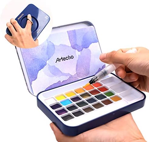 Artecho 24 Colors Watercolor Paint Set, Portable Travel Tin Box with Brush