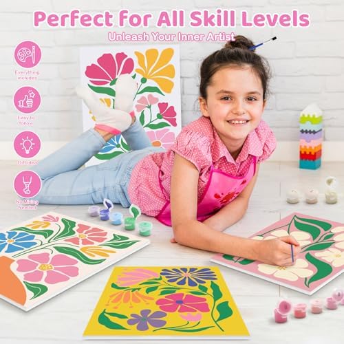 goldentime 4 Pack Framed Paint by Numbers Kit for Adults Beginner & Kids | Flowers Easy Adult Paint by Number Kits on Canvas with Frame | 8x10 Inch Floral Canvas Painting for Home Décor Gift