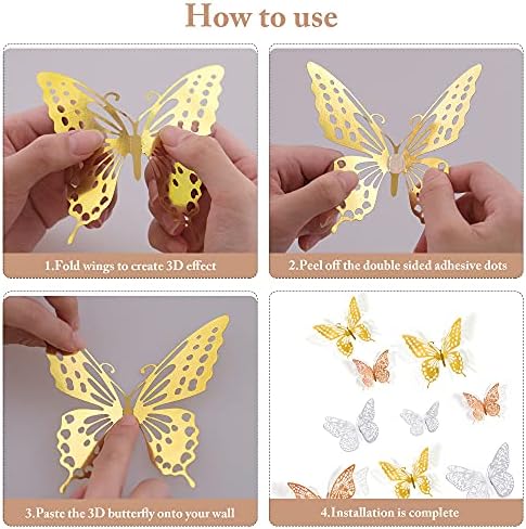 SAOROPEB 3D Butterfly Wall Decor, 72 Pcs 3 Styles 3 Sizes, Removable Metallic Wall Decor Sticker Room Mural Decals for Kids Bedroom Nursery Classroom Party Decoration Wedding Decor DIY Gift (3 Color) | 3 Styles 3 Sizes, Removable Wall Decor Sticker Roo...