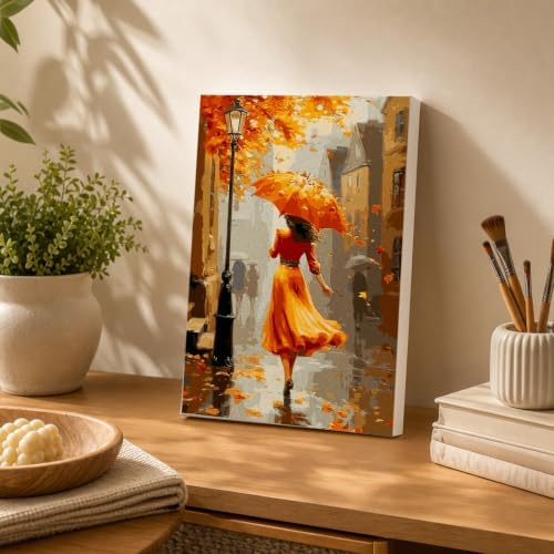 Spandrel Autumn Lady Framed Paint by Numbers Kit for Adult, Adult Paint by Number Kits on Canvas Street Scene, DIY Acrylic Oil Thanksgiving Painting by Numbers for Home Wall Decor, 8x12in