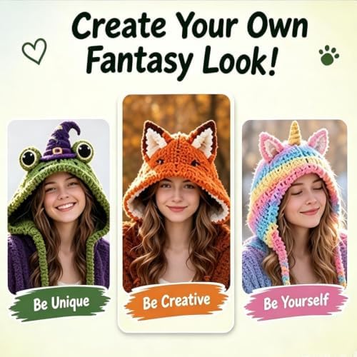 WEERSHUN Fantasy Hood Hat DIY Crochet Kit Series, Animal Hood Hat DIY Crochet Kit for Beginners, Complete Great Experience, Tutorial Guide, Yarn & Hook, Great Birthday Holiday Gift (Unicorn)
