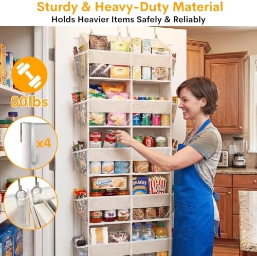 2 Pack Over The Door Organizer 6 Tiers, Extra Large Behind Door Storage of 12 Compartments, 80 lbs Weight Capacity Hanging Storage Organizer with Clear Window Kids Toys,Shoes (6 Tiers - Beige)