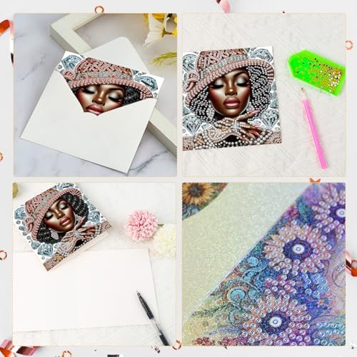 6 Pcs 5D Rhinestone Painting Greeting Cards Kits, Handmade Festival Greeting Cards with Envelopes Laser Effect DIY Diamond Art Crafts Birthday Cards for Birthdays Celebrations (Elegant African)