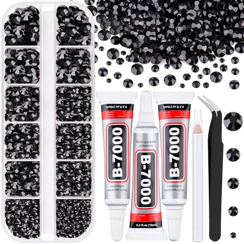 Resin Rhinestones for Crafting with 3Pcs 10ml B7000 Jewelry Glue, 1 Box Black Flatback Gems Crystals Diamond for Bedazzling Crafts DIY Nail Art Makeup, Gems for Clothing Tumblers Shoes