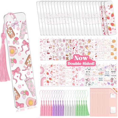 Kaciola 24PCS Acrylic Bookmark Blanks with 24PCS Pink Bow Theme UV DTF Stickers and 4 Colors Tassels,Blank Bookmarks UV DTF Transfers Stickers for DIY Crafts Hanging Tag Gift Bookmarks DIY