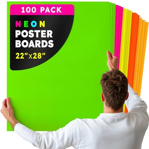 Hygloss Medium Poster Board 22x28 - 100 Assorted Neon Color Bulk Pack - 10 Pt. Thickness Colored Poster Board Paper for Projects, Signs, Displays - Posterboard Multipack 22" x 28"