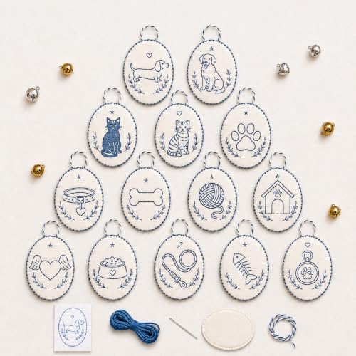 Beginner-Friendly DIY Heirloom Oval Embroidery Ornament Kit Collection, Christmas Embroidery Kit, Threads & Tools, Complete Craft Kits for Adults, Xmas Tree Hanging Decor (Pets)