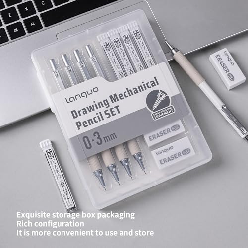 languo 0.3mm Mechanical Pencil Set with Case, 4PCS Drafting Mechanical Pencils Kit – 4 Tubes HB Lead Refills, 3 Erasers, Ideal Pencil Set for Writing & Drawing