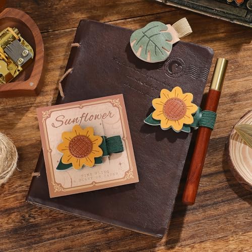 2PCS Vintage Magnetic Leather Bookmark, Leather Magnetic Bookmarks for Women,Unique Book Marks Gifts for Book Lovers， Magnetic PU Bookmarks Clip Book Accessories for Adults & Kids，Sunflower & Leaf