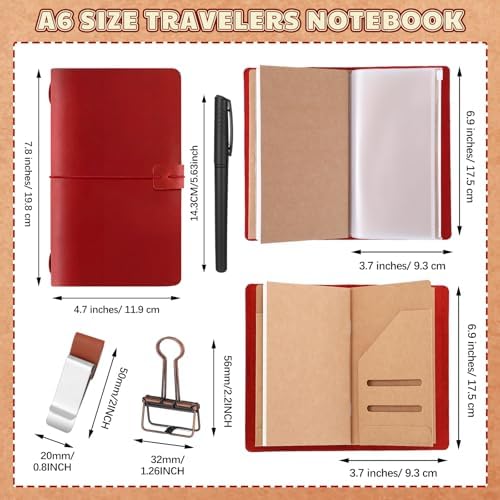 Thenshop Leather Travel Notebook 3 Inserts,Red,A6 Size