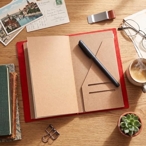 Thenshop Leather Travel Notebook 3 Inserts,Red,A6 Size