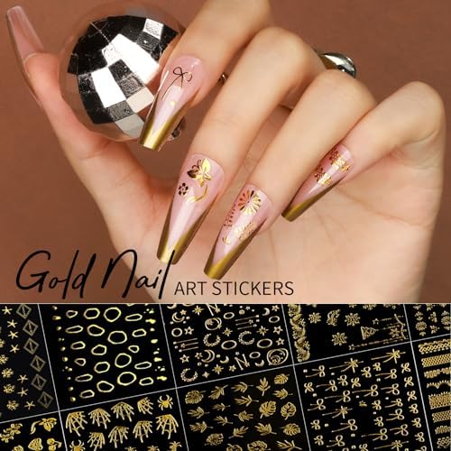 Teenitor 50 Sheets Nail Stickers for Kids, Cute Nail Decals for Girls Women, 3D Self Adhesive Gold Nail Stickers for Nail Art, Star Fruit Butterfly Silver Nail Art Deals for Holiday