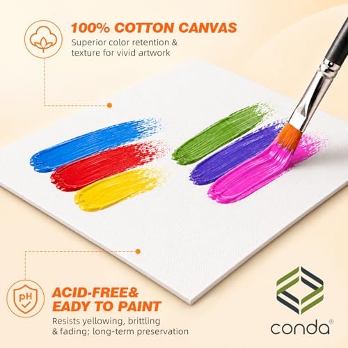 CONDA 24-Pack 𝗣𝗥𝗘𝗠𝗜𝗨𝗠 Canvas for Painting, 6 of 5x7, 6x6, 8x10, 9x12 Paint Canvas Boards, 100% Cotton Triple Primed Canvases Bulk, Art Supplies for Adults & Kids