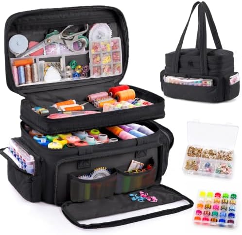 AMOIGEE Puffy Double-Layer Sewing Storage Bag with 2 Clear Organizer Boxes