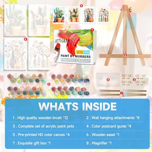 Jethami 4 Pack Cactus Paint by Numbers Kit for Adults with Framed 8x12 in | Easy to piant for beginners elderly, with Easel & Magnifying glass, Relaxing & Stress relief, canvas, Home wall decor