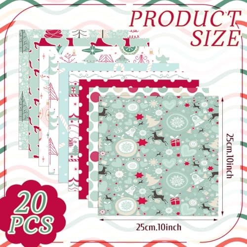 HunnmingRe 20 Pcs 10''x10'' Pastel Christmas Quilting Fabric Square Pink Green Precut Quilted Fabric Bundle Reindeer Xmas Tree Sewing Material for Winter Patchwork Scrapbook Junk Journal DIY Craft