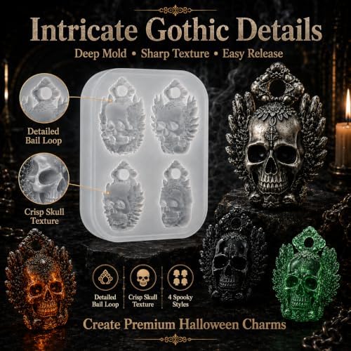 4 Cavity Winged Embossed Skull Pendant Silicone Mold with Hanging Hole, Gothic Epoxy Resin Casting Mould for DIY Necklace Charm Halloween Christmas Jewelry Making (KL03)