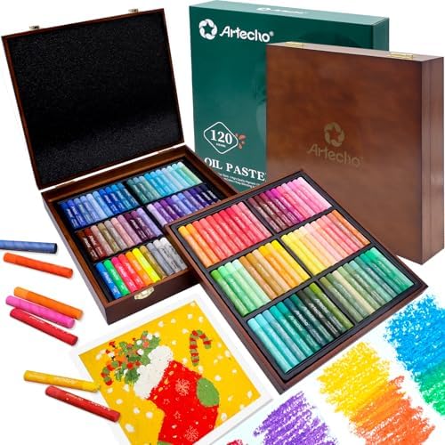 Artecho Oil Pastels Set of 120 Colors Wooden Box (10 x 70 mm) | Soft Oil Pastels, For Art Painting, Drawing, Blending, For Artists, Beginners, Students, Teachers