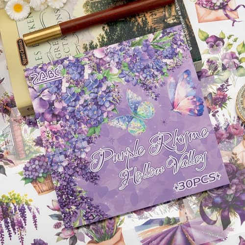 Purple Garden Scene Theme Sticker Scrapbooking Supplies for Junk Journal, 30 Sheets PET Stickers - Vintage Journaling Stickers, Ephemera Sticker Book Pre Cut(TZ-005-003)