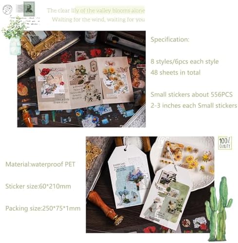 556 Pcs/48 Sheets Stickers for Scrapbooking,Scrapbook Flower Stickers for Scrapbooking Art Journal Bullet Journal Accessories