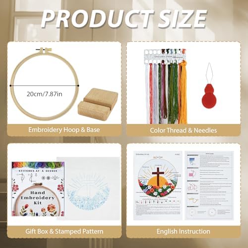 ElasignShopo Christian Embroidery Kit for Beginners Adults, Easy Cross Stitch Kit Easter Cross Jesus Pattern Embroidery Starter Kits with Wooden Hoop, Needles, Threads and Instruction Easter Gift