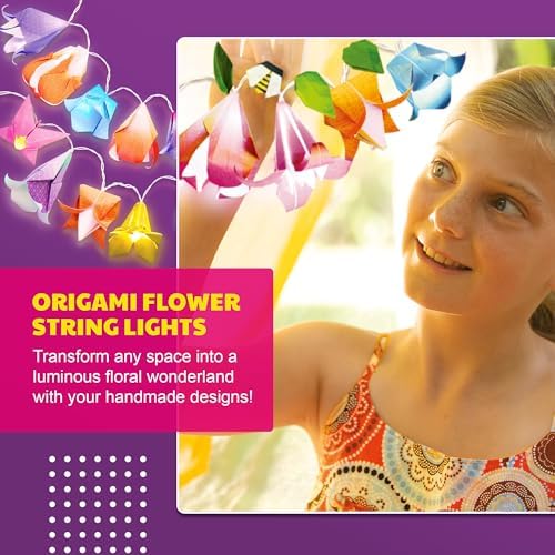 4M KidzMaker Origami Flower Lights Kit for Kids Ages 8-12 – DIY Paper Flower Craft with 10 Color-Changing LEDs, 15 Sheets, Room Decor, STEM Art & Craft Gift