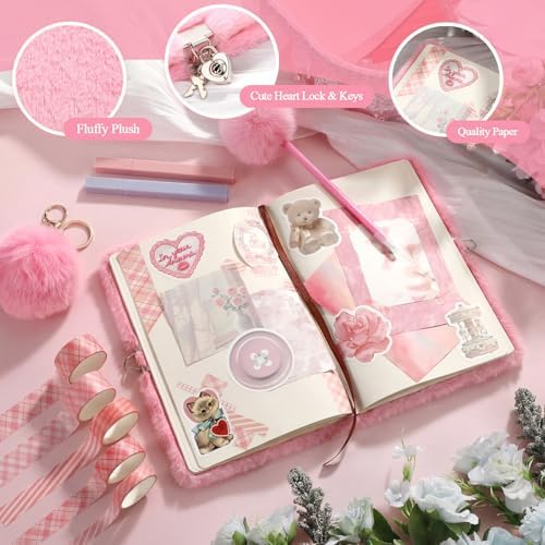 Janlaugh DIY Journal Diary with Lock Pack Scrapbook Kit, Pink, Plush | Stationery Diary Supplies, Scrapbook Supplies Art Crafts Kit for Birthday Holidays Ideal Gifts, Feather Bookmark Stickers