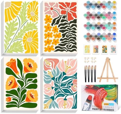4 Pack Framed Paint by Numbers Kit for Adults with Wooden Easel, Flowers | With Frame, Easy Flower DIY Acrylic Painting, For Adults Beginner, Stress Relief Craft Kits, Home Wall Decor Gift, 8x12 IN