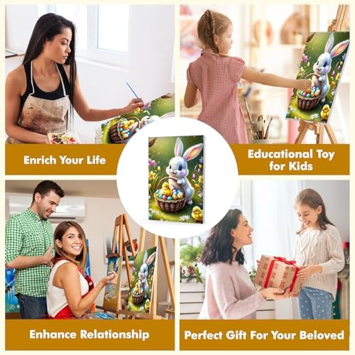 Bowetile Framed Paint by Numbers Easter Kit for Adults, Adults' Paint-by-Number Bunny Kits on Canvas, Painting by Numbers Rabbit, DIY Acrylic Number Painting for Home Wall Decor, 8x12in