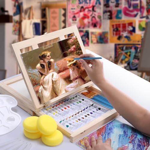 54 Pieces Complete Watercolor Paint Set with Portable Wooden Tabletop Easel