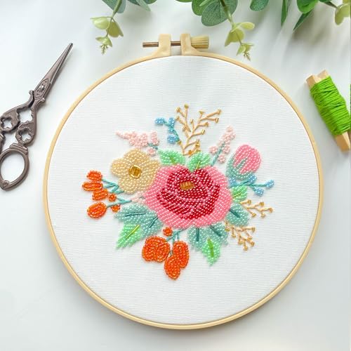 Myfelicity Bead Embroidery kit with Floral Patterns, Colorful Thread Sets, and Instructions, Suitable for Beginners and Adults, Box Packaging