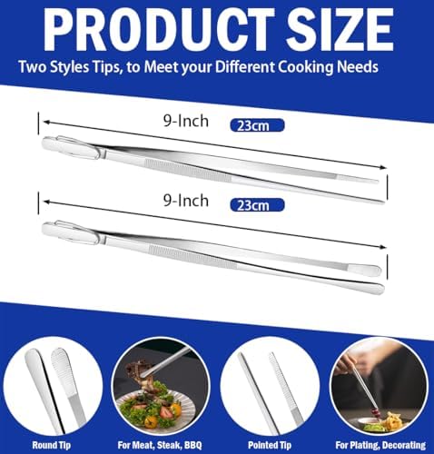 JETKONG 2 Pcs 9-Inch Kitchen Tweezers Cooking Tweezers Stainless Steel Tweezers Tongs (Silver)