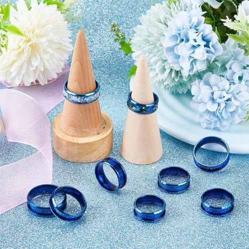 SUNNYCLUE 1 Box 18Pcs Inlay Ring Blanks Blue Stainless Steel Grooved Ring Blank US Size 7/8/9/10/11/12 Finger Findings Settings for Jewelry Making Kits DIY Craft Supplies