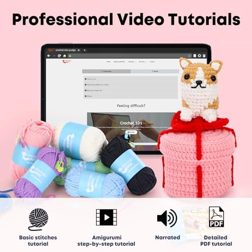 CrochetBox Crochet Kit for Beginners Adults - Corgi Dog Starters Crochet Kit, Beginners Crocheting Kitting for Adults Teen, DIY Craft Gifts with Crochets Yarns, Hook, Step-by-Step Video, Instruction