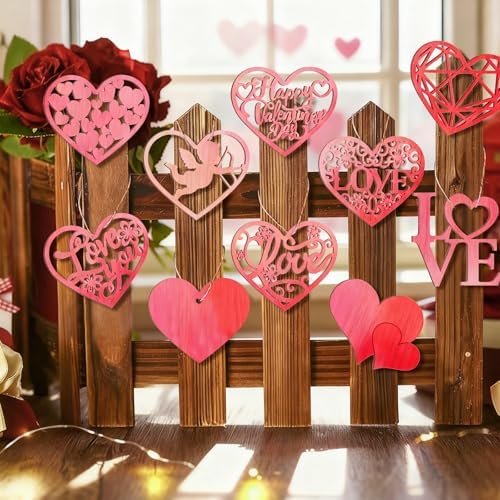 80PCS Wooden Heart Ornaments to Paint Valentine's Day Craft,10 Styles DIY Blank Unfinished Wood Heart Cutouts Ornament for Crafts Spring Tree Hanging Decorations Love
